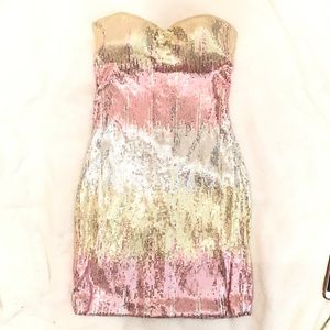 Gold pink silver sequin mini tube strapless dress